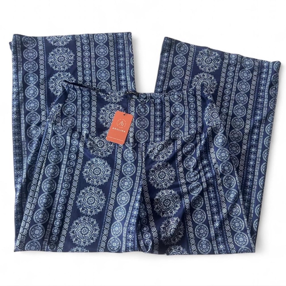 Navy Blue and white boho medallion print wide leg pants High rise size XL